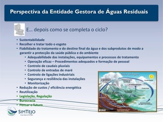 E… depois como se completa o ciclo?
• Sustentabilidade
• Recolher e tratar todo o esgoto
• Fiabilidade do tratamento e do destino final da água e dos subprodutos de modo a
garantir a protecção da saúde pública e do ambiente
• Adequabilidade das instalações, equipamentos e processos de tratamento
• Operação eficaz – Procedimentos adequados e formação de pessoal
• Controlo de caudais pluviais
• Controlo de entradas de maré
• Controlo de ligações industriais
• Segurança e resiliência das instalações
• Monitorização
• Redução de custos / eficiência energética
• Reutilização
• Legislação, Regulação
• Burocracia
• Pensar o futuro
Perspectiva da Entidade Gestora de Águas Residuais
 