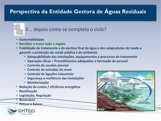 Perspectiva da Entidade Gestora de Águas Residuais
E… depois como se completa o ciclo?
• Sustentabilidade
• Recolher e tratar todo o esgoto
• Fiabilidade do tratamento e do destino final da água e dos subprodutos de modo a
garantir a protecção da saúde pública e do ambiente
• Adequabilidade das instalações, equipamentos e processos de tratamento
• Operação eficaz – Procedimentos adequados e formação de pessoal
• Controlo de caudais pluviais
• Controlo de entradas de maré
• Controlo de ligações industriais
• Segurança e resiliência das instalações
• Monitorização
• Redução de custos / eficiência energética
• Reutilização
• Legislação, Regulação
• Burocracia
• Pensar o futuro
 