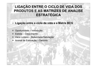 LIGAÇÃO ENTRE O CICLO DE VIDA DOS
PRODUTOS E AS MATRIZES DE ANÁLISE
ESTRATÉGICA
¾ Ligação entre o ciclo de vida e a Matriz BCG
z Oportunidade – Introdução
z Estrela – Crescimento
z Vaca Leiteira – Maturidade/Saturação
z Animal de Estimação – Declínio
 