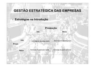 GESTÃO ESTRATÉGICA DAS EMPRESAS
¾ Estratégias na Introdução
Promoção
Alta Baixa
Estratégia de skimming rápido Estratégia de skimming lento
Estratégia de penetração rápida Estratégia de penetração lenta
Alto
Preço
Baixo
 