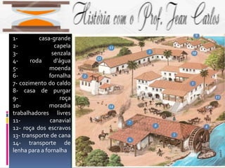 1- casa-grande
2- capela
3- senzala
4- roda d'água
5- moenda
6- fornalha
7- cozimento do caldo
8- casa de purgar
9- roça
10- moradia
trabalhadores livres
11- canavial
12- roça dos escravos
13- transporte de cana
14- transporte de
lenha para a fornalha
 