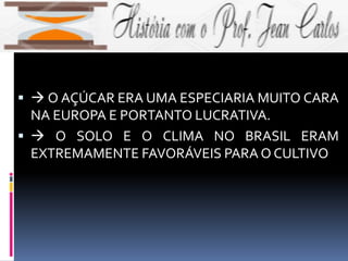   O AÇÚCAR ERA UMA ESPECIARIA MUITO CARA
NA EUROPA E PORTANTO LUCRATIVA.
  O SOLO E O CLIMA NO BRASIL ERAM
EXTREMAMENTE FAVORÁVEIS PARA O CULTIVO
 