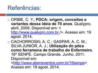 Referências:
 ORIBE, C. Y.; PDCA: origem, conceitos e
variantes dessa ideia de 70 anos. Qualypro.
abril. 2009. Disponível em: <
http://www.qualypro.com.br />. Acesso em: 19
agost. 2014.
 CACHORROSKI, A. C.; GASPAR, A. C. M.;
SILVA JUNIOR, A. J.; Utilização do pdca
como ferramena de trabalho do Enfermeiro.
16º SENPE. Campo Grande. Junho. 2011.
Disponível em:
<http://www.abeneventos.com.br/16senpe>.
Acesso em: 19 agost. 2014.
 