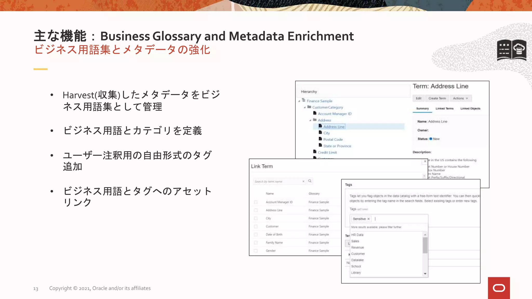 ビジネス用語集とメタデータの強化
主な機能：Business Glossary and Metadata Enrichment
• Harvest(収集)したメタデータをビジ
ネス用語集として管理
• ビジネス用語とカテゴリを定義
• ユーザー注釈用の自由形式のタグ
追加
• ビジネス用語とタグへのアセット
リンク
Copyright © 2021, Oracle and/or its affiliates
13
 