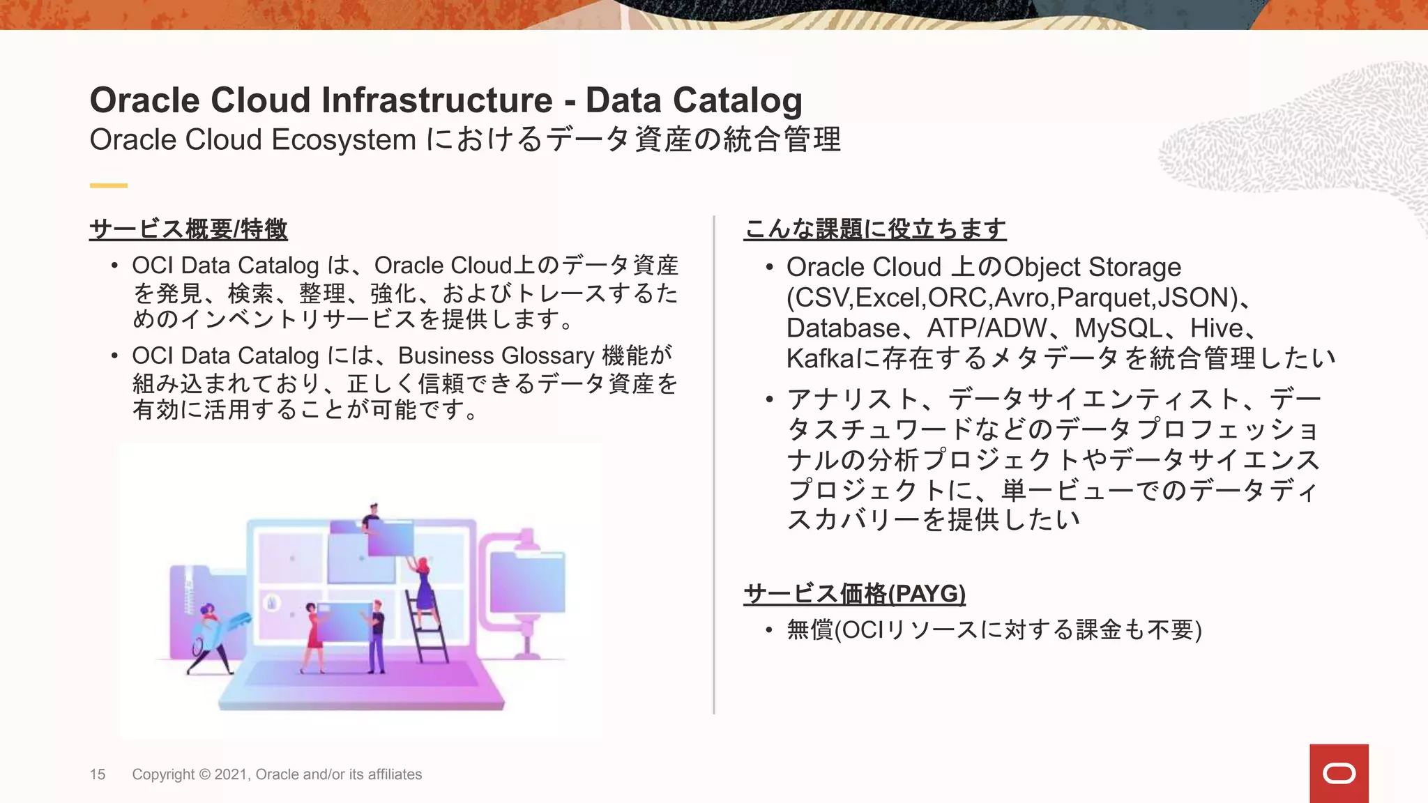 15 Copyright © 2021, Oracle and/or its affiliates
こんな課題に役立ちます
• Oracle Cloud 上のObject Storage
(CSV,Excel,ORC,Avro,Parquet,JSON)、
Database、ATP/ADW、MySQL、Hive、
Kafkaに存在するメタデータを統合管理したい
• アナリスト、データサイエンティスト、デー
タスチュワードなどのデータプロフェッショ
ナルの分析プロジェクトやデータサイエンス
プロジェクトに、単一ビューでのデータディ
スカバリーを提供したい
サービス価格(PAYG)
• 無償(OCIリソースに対する課金も不要)
サービス概要/特徴
• OCI Data Catalog は、Oracle Cloud上のデータ資産
を発見、検索、整理、強化、およびトレースするた
めのインベントリサービスを提供します。
• OCI Data Catalog には、Business Glossary 機能が
組み込まれており、正しく信頼できるデータ資産を
有効に活用することが可能です。
Oracle Cloud Infrastructure - Data Catalog
Oracle Cloud Ecosystem におけるデータ資産の統合管理
 