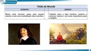Visão de Mundo
OCIDENTE ORIENTE
Mente mais racional, preza pelo mundo
exterior e tem uma mentalidade mais científica.
Trabalha mais o lado intuitivo, valoriza o
universo interior e dá muita importância para
a religião.
6
 