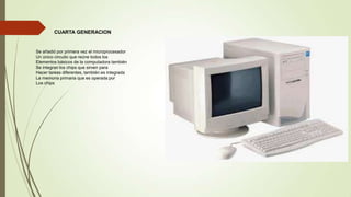 CUARTA GENERACION

Se añadió por primera vez el microprocesador
Un único circuito que reúne todos los
Elementos básicos de la computadora también
Se integran los chips que sirven para
Hacer tareas diferentes, también es integrada
La memoria primaria que es operada por
Los chips

 