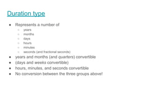 Duration type
● Represents a number of
○ years
○ months
○ days
○ hours
○ minutes
○ seconds (and fractional seconds)
● years and months (and quarters) convertible
● (days and weeks convertible)
● hours, minutes, and seconds convertible
● No conversion between the three groups above!
 