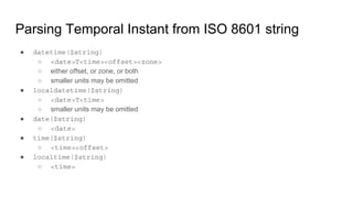 Parsing Temporal Instant from ISO 8601 string
● datetime($string)
○ <date>T<time><offset><zone>
○ either offset, or zone, or both
○ smaller units may be omitted
● localdatetime($string)
○ <date>T<time>
○ smaller units may be omitted
● date($string)
○ <date>
● time($string)
○ <time><offset>
● localtime($string)
○ <time>
 
