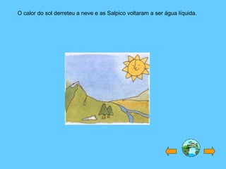 O calor do sol derreteu a neve e as Salpico voltaram a ser água líquida.
 