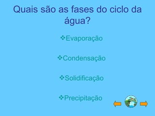 Quais são as fases do ciclo da
água?
Evaporação
Condensação
Solidificação
Precipitação
 
