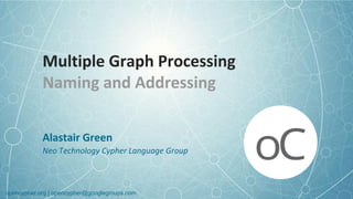 opencypher.org | opencypher@googlegroups.comopencypher.org | opencypher@googlegroups.com
Multiple Graph Processing
Naming and Addressing
Alastair Green
Neo Technology Cypher Language Group
 