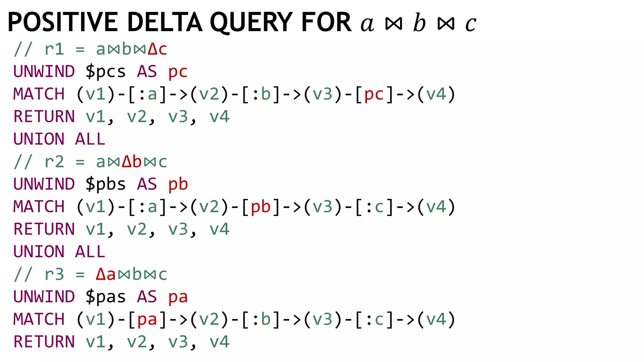 POSITIVE DELTA QUERY FOR 𝑎 ⋈ 𝑏 ⋈ 𝑐
// r1 = a⋈b⋈Δc
UNWIND $pcs AS pc
MATCH (v1)-[:a]->(v2)-[:b]->(v3)-[pc]->(v4)
RETURN v1, v2, v3, v4
UNION ALL
// r2 = a⋈Δb⋈c
UNWIND $pbs AS pb
MATCH (v1)-[:a]->(v2)-[pb]->(v3)-[:c]->(v4)
RETURN v1, v2, v3, v4
UNION ALL
// r3 = Δa⋈b⋈c
UNWIND $pas AS pa
MATCH (v1)-[pa]->(v2)-[:b]->(v3)-[:c]->(v4)
RETURN v1, v2, v3, v4
 