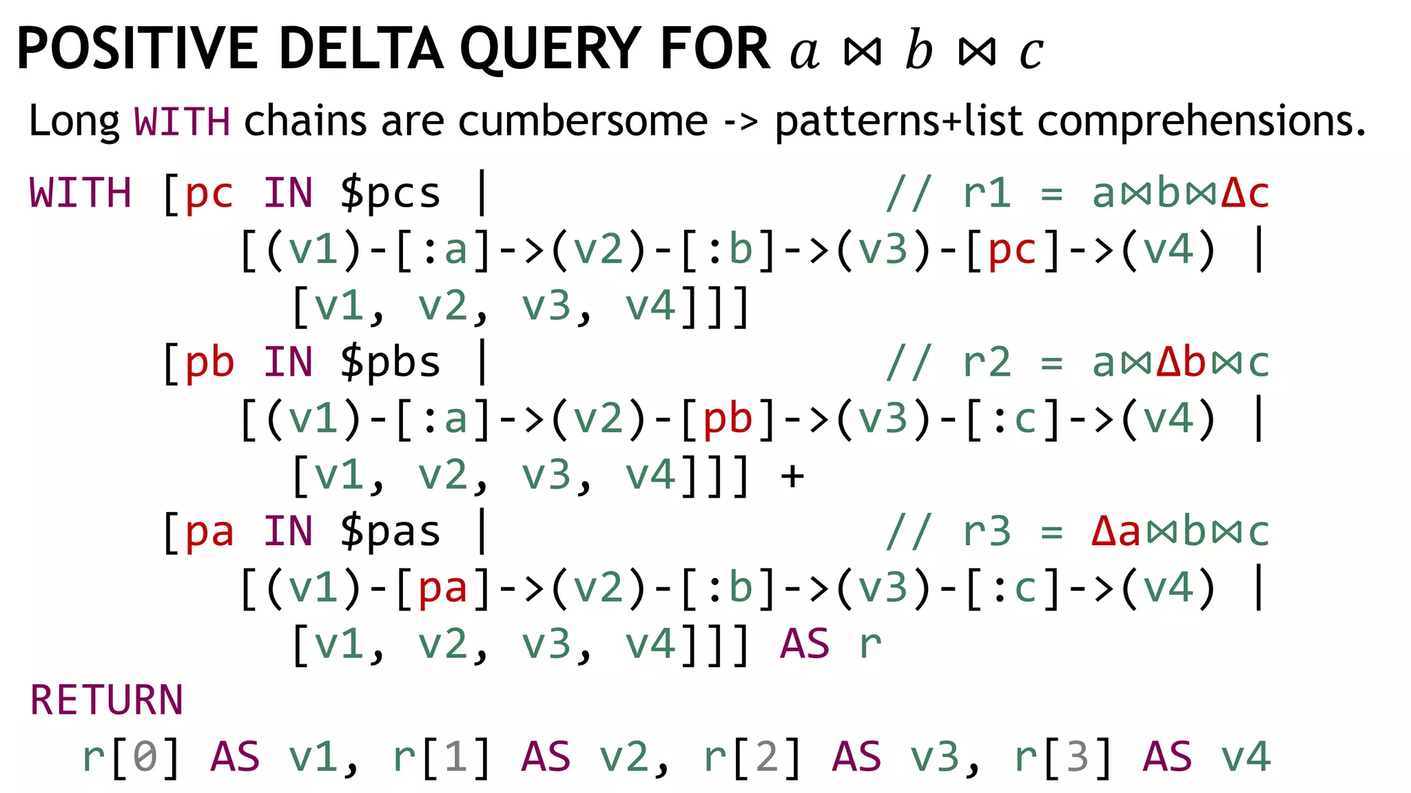POSITIVE DELTA QUERY FOR 𝑎 ⋈ 𝑏 ⋈ 𝑐
Long WITH chains are cumbersome -> patterns+list comprehensions.
WITH [pc IN $pcs | // r1 = a⋈b⋈Δc
[(v1)-[:a]->(v2)-[:b]->(v3)-[pc]->(v4) |
[v1, v2, v3, v4]]]
[pb IN $pbs | // r2 = a⋈Δb⋈c
[(v1)-[:a]->(v2)-[pb]->(v3)-[:c]->(v4) |
[v1, v2, v3, v4]]] +
[pa IN $pas | // r3 = Δa⋈b⋈c
[(v1)-[pa]->(v2)-[:b]->(v3)-[:c]->(v4) |
[v1, v2, v3, v4]]] AS r
RETURN
r[0] AS v1, r[1] AS v2, r[2] AS v3, r[3] AS v4
 