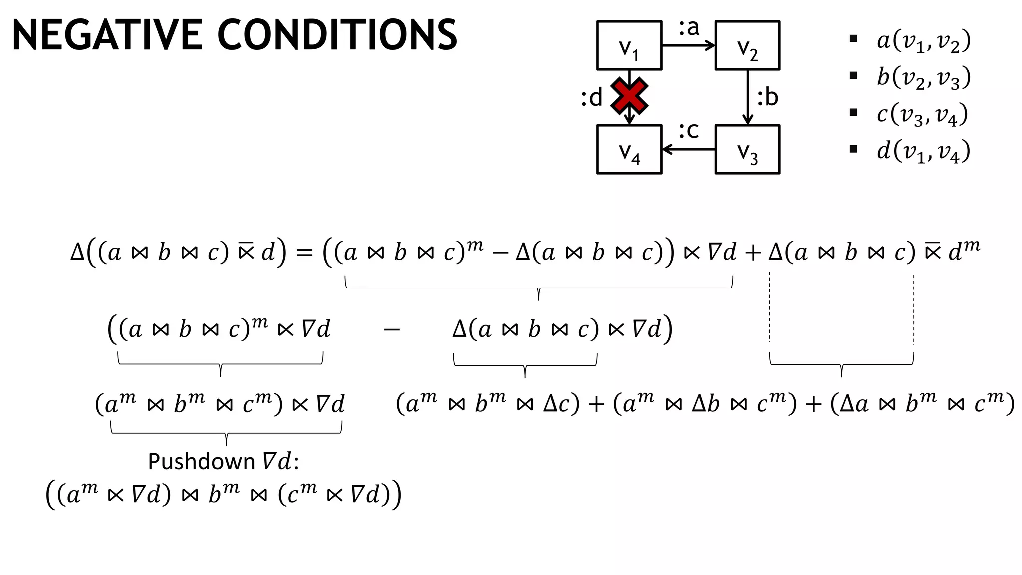 NEGATIVE CONDITIONS  𝑎 𝑣1, 𝑣2
 𝑏 𝑣2, 𝑣3
 𝑐 𝑣3, 𝑣4
 𝑑 𝑣1, 𝑣4
Δ 𝑎 ⋈ 𝑏 ⋈ 𝑐 ഥ⋉ 𝑑 = 𝑎 ⋈ 𝑏 ⋈ 𝑐 𝑚 − Δ 𝑎 ⋈ 𝑏 ⋈ 𝑐 ⋉ 𝛻𝑑 + Δ 𝑎 ⋈ 𝑏 ⋈ 𝑐 ഥ⋉ 𝑑 𝑚
𝑎 ⋈ 𝑏 ⋈ 𝑐 𝑚
⋉ 𝛻𝑑 − Δ 𝑎 ⋈ 𝑏 ⋈ 𝑐 ⋉ 𝛻𝑑
Pushdown 𝛻𝑑:
𝑎 𝑚 ⋉ 𝛻𝑑 ⋈ 𝑏 𝑚 ⋈ 𝑐 𝑚 ⋉ 𝛻𝑑
𝑎 𝑚 ⋈ 𝑏 𝑚 ⋈ 𝑐 𝑚 ⋉ 𝛻𝑑 𝑎 𝑚 ⋈ 𝑏 𝑚 ⋈ Δ𝑐 + 𝑎 𝑚 ⋈ Δ𝑏 ⋈ 𝑐 𝑚 + Δ𝑎 ⋈ 𝑏 𝑚 ⋈ 𝑐 𝑚
v1 v2
v3v4
:b
:c
:d
:a
 