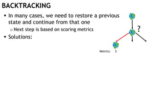 BACKTRACKING
 In many cases, we need to restore a previous
state and continue from that one
o Next step is based on scoring metrics
 Solutions:
?
Metrics: 5
 