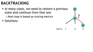 BACKTRACKING
 In many cases, we need to restore a previous
state and continue from that one
o Next step is based on scoring metrics
 Solutions:
?
Metrics: 5 12 8
 