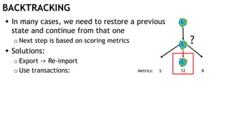 BACKTRACKING
 In many cases, we need to restore a previous
state and continue from that one
o Next step is based on scoring metrics
 Solutions:
o Export -> Re-import
o Use transactions:
?
Metrics: 5 12 8
 