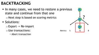BACKTRACKING
 In many cases, we need to restore a previous
state and continue from that one
o Next step is based on scoring metrics
 Solutions:
o Export -> Re-import
o Use transactions:
• Abort transaction
?
Metrics: 5 12 8
 