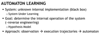 AUTOMATON LEARNING
 System: unknown internal implementation (black box)
o System Under Learning
 Goal: determine the internal operation of the system
(~reverse engineering)
o Hypothesis Model
 Approach: observation  execution trajectories  automaton
 