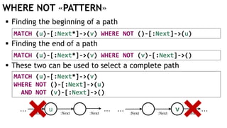 WHERE NOT «PATTERN»
 Finding the beginning of a path
 Finding the end of a path
 These two can be used to select a complete path
MATCH (u)-[:Next*]->(v) WHERE NOT ()-[:Next]->(u)
MATCH (u)-[:Next*]->(v) WHERE NOT (v)-[:Next]->()
MATCH (u)-[:Next*]->(v)
WHERE NOT ()-[:Next]->(u)
AND NOT (v)-[:Next]->()
u:Next :Next
… …:Next :Next :Next
… …v :Next
 