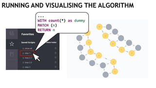 RUNNING AND VISUALISING THE ALGORITHM
...
WITH count(*) as dummy
MATCH (n)
RETURN n
 
