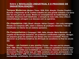 Tempos Modernos  ( Modern Times ; 1936, EUA, direção: Charles Chaplin) – Durante a Depressão de 30, Carlitos trabalha em uma grande indústria e se torna líder de uma greve por acaso. Mostra as conseqüências da modernização, a condição desumana do0 trabalhador, a extração da mais-valia. Uma crítica à industrialização  selvagem  e ao descaso com os operários.  Os chapeleiros  (1983, Brasil, direção: Adrian Cooper) – Um curta metragem filmado em Campinas (SP), sobre o sistema de produção industrial. Trata do trabalhador no interior de um sistema opressivo.  Os Companheiros  ( I Compagni ; 1963, Itália, direção: Mario Monicelli) – A respeito da Revolução Industrial. Um professor e sindicalista organiza, devagar, um pequeno grupo de operários que deseja uma nova sociedade. Procura descrever as primeiras tentativas de afirmação do socialismo no final do século XIX.  Tucker – um homem e seu sonho  ( Tucker – the man and his dream ; EUA, 1988, direção: Francis Ford Coppola) – Crítica ao capitalismo monopolista, dominado por cartéis que inviabilizam a concorrência. Baseado na história real do inventor Preston Tucker que, em 1948, construiu um carro, provocando a ira das “ três grandes ” (GM, Ford e Chrysler). Importante para discutir capitalismo monopolista, cartelização, livre concorrência etc.  Sobre a  REVOLUÇÃO INDUSTRIAL E O PROCESSO DE INDUSTRIALIZAÇÃO  :  