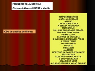 PROJETO TELA CRITICA Giovanni Alves – UNESP - Marilia CDs de análise de filmes:  TEMPOS MODERNOS A NÓS, A LIBERDADE MEU TIO LARANJA MECÂNICA A BELEZA AMERICANA METROPOLIS 2001-UMA ODISSEIA NO ESPAÇO SEGUNDA FEIRA AO SOL VINHAS DA IRA LADRÕES DE BICICLETA O SUCESSO A QUALQUER  PREÇO A TERRA TREME O ADVERSARIO O CORTE O INVASOR A AGENDA MORTE DE UM CAIXEIRO VIAJANTE PÃO E ROSAS ELES NÃO USAM BLACK-TIE O QUE VOCÊ FARIA? SALARIO DO MEDO A CLASSE OPERARIA VAI AO PARAISO 
