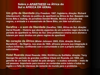 Sobre o  APARTHEID  na África do Sul e ÁFRICA EM GERAL  Um grito de liberdade  ( Cry Freedom ; 1987, Inglaterra, direção: Richard Attenborouh) – Retrato da política do apartheid na África do Sul. Baseado nos livros  Biko  e  Asking , do jornalista Donald Woods. Mostra a situação dos negros, a amizade e o assassinato de Steve Biko, um líder sul-africano. Sarafina – o som da liberdade  ( Sarafina;  1993, África do Sul, direção: Darrel Roodt) – História que aborda aspectos de um subúrbio negro durante o período do apartheid na África do Sul. Uma professora ensina seus alunos a lutarem por seus direitos em pleno regime do  apartheid .  No coração da África  ( Mister Johnson ; 2003, EUA, direção: Bruce Beresford) – Na Nigéria, nos anos de 1920, africano procura sua integração à cultura britânica, conflitando com a comunidade e com a própria estrutura colonialista.  Hotel Ruanda  ( Hotel Rwanda ; 2004, RU/África do Sul/Itália; direção: Terry George) No período de grandes conflitos tribais em Ruanda, em 1994, um gerente de um hotel da capital do país abrigou – e acabou salvando – mais de mil pessoas. Importante para mostrar as contendas entre tutsis e hutus na região e a falta de interesse do restante do mundo para o problema.  