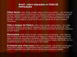 Vidas Secas  (1963, Brasil, direção: Nelson Pereira dos Santos) – (do romance de Graciliano Ramos) Narra a história de uma família de retirantes nordestinos que foge da Seca. Bastante fiel ao livro, mostra a caminhada sempre em busca de um local para ficar. Existe o período de  tempo bom  – no qual a família permanece em uma fazenda – até a estiagem, a ausência de  inverno , quando ela se põe a caminho novamente.  Vida e sangue de Polaco   (1982, Brasil, direção: Sylvio Back) – Um média metragem nacional, que trata da imigração polonesa no início do século XX. Feito através de lembranças dos filhos, possui momentos emocionais de um povo orgulhoso de suas origens. Macunaíma   (1969, Brasil, direção: Joaquim Pedro de Andrade) – Com base em livro homônimo de Mário de Andrade, uma alegoria a respeito do Brasil. Um menino negro, nascido em uma tribo na Amazônia, habituado a ingênuas malandragens, sai em busca de uma medalha de sorte e, já adulto e branco, chega a São Paulo, com um comportamento de um herói preguiçoso e sem caráter.  O homem que virou suco  ( 1980, Brasil, direção: João Batista de Andrade) – Trata sobre migração e marginalidade urbana no Brasil no período. Um cantor de cordel é confundido pela polícia com um operário que esfaqueou o patrão.  Brasil : sobre  migrações  ou  FUGA DE POPULAÇÃO   