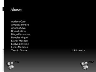 Alunos: 
Adriano Cury 
Amanda Pereira 
Arianna Silva 
Bruna Letícia 
Diego Fernandes 
Douglas Miguel 
Esther Macêdo 
Evelyn Christine 
Lucas Matheus 
Yasmin Sousa 2º Alimentos 
