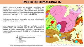 • Feições miloníticas geradas em ambiente rúptil-dúctil, sob
temperaturas moderadas, entre 400oC e 450oC, foram
impressas nas litologias paleo e mesoproterozóicas durante o
evento deformacional D2, correlacionável ao Episódio K’Mudku,
que marca a reativação do CGC em torno de 1,24 Ga;
• Indicadores cinemáticos observados nas zonas miloníticas D2
registram transpressão dextral;
• As principais zonas miloníticas D2 foram reativadas em níveis
crustais rasos, em ambiente rúptil durante a evolução do
Graben do Tacutu, no Mesozóico, indicando a importância das
descontinuidades estruturais do CGC na evolução do Escudo
das Guianas.
11
EVENTO DEFORMACIONAL D2
Figura 9 - Mapa geológico esquemático da região estudada com ênfase em D2.
 