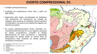 • Unidades paleoproterozóicos;
• Condições de temperaturas muito altas, a partir de
600o-650oC;
• Registradas pela ampla recristalização de feldspatos
com predomínio de mecanismos de rotação de
subgrãos, pela presença de feldspato alcalino pertítico
recristalizado e, de quartzo com padrão de subgrãos em
tabuleiro de xadrez;
• Os corpos paleoproterozóicos foram colocados sin-
cinematicamente durante D1, como registra a presença
de diques sin-plutônicos, cortando as feições
deformacionais D1 cedo cinemáticas, e registrando
deformação em estado sólido na mesma faixa de
temperaturas altas, próximas ao sólidus granítico,
verificada na encaixante.
5
EVENTO COMPRESSIONAL D1
Figura 3 - Mapa geológico esquemático da região estudada com ênfase no D1..
 