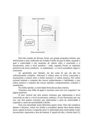 Parti dos estudos de Silvano Arieti, um grande psiquiatra italiano, que
infelizmente é mais conhecido nos Estados Unidos do que na Itália, segundo o
qual a criatividade é um momento de síntese entre o consciente e o
inconsciente, entre o nível primário - onde, segundo Freud, os materiais
primitivos da nossa existência se sedimentam - e o nível secundário, lógico e
consciente.
       Ao aprofundar esta fórmula, me dei conta de que ela não era
suficientemente completa. Adicionei à síntese entre os níveis consciente e
inconsciente a síntese entre a esfera racional e a esfera emotiva. Por esfera
racional entendo o conjunto dos nossos conhecimentos e habilidades, e por
esfera emotiva o conjunto das nossas opiniões, comportamentos, emoções e
sentimentos.
       Na minha opinião, a criatividade brota dessas duas sínteses.
       Tomemos uma folha de papel e tracemos uma cruz (ver esquema 3 na
página anterior).
       O eixo vertical une dois pontos extremos que representam o nível
consciente no alto e o nível inconsciente, embaixo. O eixo horizontal, por sua
vez, une dois pontos extremos que representam o polo da emotividade à
esquerda e o polo da racionalidade à direita.
       Esta cruz desenhada assim determina quatro áreas. Para não complicar
demais o discurso, vamos nos limitar a considerar apenas duas destas quatro
áreas: aquela de baixo à esquerda (área 3), delimitada pela emotividade e pelo
inconsciente, representa a área da fantasia. E aquela do alto, à direita (área 2),
 