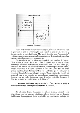 Existe portanto uma "aproximação'' simples, primitiva, relacionada com
a ignorância e com a improvisação, que precede a consciência científica,
desembocando na superficialidade. Mas existe também uma "aproximação''
refletida, madura, consciente, complexa, que procede da consciência científica
e da precisão, abrangendo-as e superando-as.
       Este estágio me recorda a frase que Juan Gris contrapunha à de Braque:
"Amo a emoção que corrige a regra.'' Mas é alguma coisa a mais: é síntese
entre regra e emoção, é criatividade do mais alto nível. É a linha curva que,
depois de três séculos de sociedade industrial, dominada pelo racionalismos,
retoma o comando da História e substitui a linha reta. Como diria um outro
grande arquiteto, Oscar Niemeyer: "Não é o ângulo reto que me atrai, nem a
linha reta, dura, inflexível, criada pelo homem. O que me atrai é a curva livre
e sensual, a curva que encontro nas montanhas do meu país, no curso sinuoso
dos seus rios, nas ondas do mar, no corpo da mulher preferida. De curvas é
feito todo o universo, o universo curvo de Einstein".

      O título que escolhemos para este livro é O Ócio Criativo. Chegou a
hora de exaurirmos esta expressão em todos os sentidos.


       Recentemente foram divulgadas por alguns jornais, causando uma
injustificada surpresa algumas estatísticas sobre o tempo livre nos Estados
Unidos, que tinham acabado de ser produzidas por competentes institutos de
 