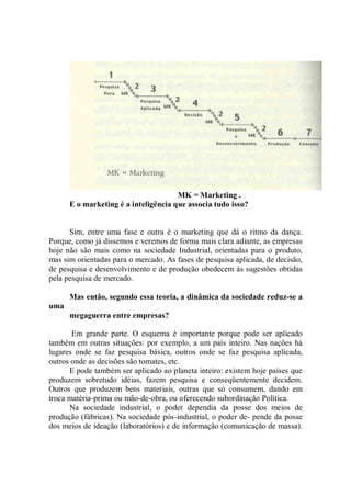 MK = Marketing .
      E o marketing é a inteligência que associa tudo isso?


      Sim, entre uma fase e outra é o marketing que dá o ritmo da dança.
Porque, como já dissemos e veremos de forma mais clara adiante, as empresas
hoje não são mais como na sociedade Industrial, orientadas para o produto,
mas sim orientadas para o mercado. As fases de pesquisa aplicada, de decisão,
de pesquisa e desenvolvimento e de produção obedecem às sugestões obtidas
pela pesquisa de mercado.

      Mas então, segundo essa teoria, a dinâmica da sociedade reduz-se a
uma
      megaguerra entre empresas?

       Em grande parte. O esquema é importante porque pode ser aplicado
também em outras situações: por exemplo, a um país inteiro. Nas nações há
lugares onde se faz pesquisa básica, outros onde se faz pesquisa aplicada,
outros onde as decisões são tomates, etc.
      E pode também ser aplicado ao planeta inteiro: existem hoje países que
produzem sobretudo idéias, fazem pesquisa e conseqüentemente decidem.
Outros que produzem bens materiais, outras que só consumem, dando em
troca matéria-prima ou mão-de-obra, ou oferecendo subordinação Política.
      Na sociedade industrial, o poder dependia da posse dos meios de
produção (fábricas). Na sociedade pós-industrial, o poder de- pende da posse
dos meios de ideação (laboratórios) e de informação (comunicação de massa).
 