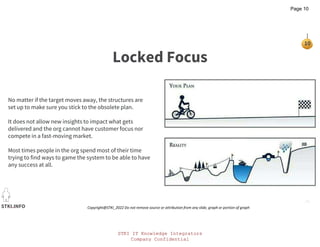 STKI IT Knowledge Integrators
Company Confidential
STKI IT Knowledge Integrators
Company Confidential
STKI.INFO
10
Copyright@STKI_2022 Do not remove source or attribution from any slide, graph or portion of graph
No matter if the target moves away, the structures are
set up to make sure you stick to the obsolete plan.
It does not allow new insights to impact what gets
delivered and the org cannot have customer focus nor
compete in a fast-moving market.
Most times people in the org spend most of their time
trying to find ways to game the system to be able to have
any success at all.
Locked Focus
Page 10
 