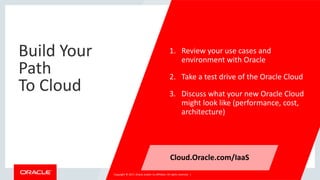 Copyright © 2018, Oracle and/or its affiliates. All rights reserved. |
Build Your
Path
To Cloud
1. Review your use cases and
environment with Oracle
2. Take a test drive of the Oracle Cloud
3. Discuss what your new Oracle Cloud
might look like (performance, cost,
architecture)
Cloud.Oracle.com/IaaS
Copyright © 2017, Oracle and/or its affiliates. All rights reserved. |
 