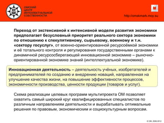 http://omskmark.moy.su



  Переход от экстенсивной к интенсивной модели развития экономики
  предполагает безусловный приоритет реального сектора экономики
  по отношению к спекулятивному, сырьевому, военному и т.н.
  «сектору госуслуг», от военно-ориентированной ресурсоёмкой экономики
  и её тотального контроля и регулирования государственными органами к
  динамичной ресурсосберегающей инновационной экономике – рыночно-
  ориентированной экономике знаний (интеллектуальной экономике).

Инновационная деятельность – деятельность учёных, изобретателей и
предпринимателей по созданию и внедрению новаций, направленная на
улучшение качества жизни, на повышение эффективности процессов,
экономичности производства, ценности продукции (товаров и услуг).

  Схема реализации целевых программ мультипроекта ОМ позволяет
  охватить самый широкий круг квалифицированных специалистов по
  различным направлениям деятельности и вырабатывать оптимальные
  решения по правовым, экономическим и социокультурным вопросам.

                                                                   © ОМ, 2006-2012
 