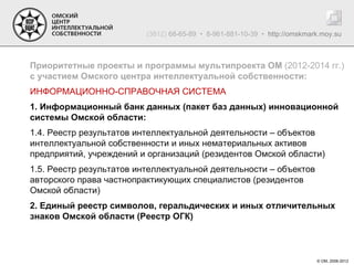 (3812) 68-65-89 • 8-961-881-10-39 • http://omskmark.moy.su



Приоритетные проекты и программы мультипроекта ОМ (2012-2014 гг.)
с участием Омского центра интеллектуальной собственности:
ИНФОРМАЦИОННО-СПРАВОЧНАЯ СИСТЕМА
1. Информационный банк данных (пакет баз данных) инновационной
системы Омской области:
1.4. Реестр результатов интеллектуальной деятельности – объектов
интеллектуальной собственности и иных нематериальных активов
предприятий, учреждений и организаций (резидентов Омской области)
1.5. Реестр результатов интеллектуальной деятельности – объектов
авторского права частнопрактикующих специалистов (резидентов
Омской области)
2. Единый реестр символов, геральдических и иных отличительных
знаков Омской области (Реестр ОГК)



                                                                            © ОМ, 2006-2012
 