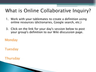Work with your tablemates to create a definition using online resources (dictionaries, Google search, etc.) Click on the link for your day's session below to post your group's definition to our Wiki discussion page. Monday Tuesday Thursday 