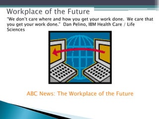 “ We don’t care where and how you get your work done.  We care that you get your work done.”  Dan Pelino, IBM Health Care / Life Sciences  ABC News: The Workplace of the Future 