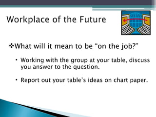 What will it mean to be “on the job?” Working with the group at your table, discuss you answer to the question.  Report out your table’s ideas on chart paper. 