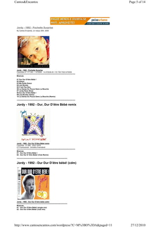 Cantos&Encantos                                                        Page 5 of 14




 Jordy - 1992 - Pochette Surprise
 By Cantos Encantos, on março 20th, 2009




 Jordy - 1992 - Pochette Surprise
 Columbia LP 177.303 - 1.472939 - 14.472939-20 / CD 700.732/2-472939
 ===========================================================
 Músicas:

 01 Dur Dur D’être Bébé !
 02 Alison
 03 Ma Petite Soeur
 04 Les Boules
 05 C’est Pas Nou
 06 La Danse Du Pouce Dans La Bouche
 07 Jordy Rave Show
 08 Dur Dur D’être Bébé !
 09 Les Boules (remix)
 10 La Danse Du Pouce Dans La Bouche (Remix)

 ===========================================================

 Jordy - 1992 - Dur, Dur D’être Bébé remix




 Jordy - 1992 - Dur Dur D’être Bébé remix
 Columbia - 51.595 - XSLP 2076
 LP Promocional - Amostra Invendável
 ===========================================================
 Músicas:
 01 - Dur Dur D’être Bébé !
 02 - Dur Dur D’ Etre Bebe! (Club Remix)

 ===================================================

 Jordy - 1992 - Dur Dur D’être bébé! (cdm)




 Jordy - 1992 - Dur Dur D’etre bébé (cdm)
 ===================================================
 Músicas:
 01 - Dur Dur D’être Bébé! (single mix)
 02 - Dur Dur d’être Bébé! (club mix)




http://www.cantosencantos.com/wordpress/?C=M%3BO%3DA&paged=11           27/12/2010
 