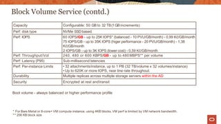 Block Volume Service (contd.)
Capacity Configurable: 50 GB to 32 TB(1GBincrements)
Perf: disk type NVMe SSDbased
Perf: IOPS 60 IOPS/GB - up to 25K IOPS* (balanced - 10 PVU/GB/month) - 0,99 Kč/GB/month
75 IOPS/GB - up to 35K IOPS (higer performance - 20 PVU/GB/month) - 1,38
Kč/GB/month
2 IOPS/GB - up to 3K IOPS (lower cost) - 0,59 Kč/GB/month
Perf: Throughput/Vol 240, 480 or 600 KBPS/GB - up to 480MBPS** per volume
Perf: Latency (P95) Sub-millisecond latencies
Perf: Per-instance Limits • 32 attachments/instance, up to 1 PB (32 TB/volume x 32 volumes/instance)
• Up to 620K or more IOPS, near line rate throughout.
Durability Multiple replicas across multiple storage servers within the AD
Security Encrypted at rest andtransit
* For Bare Metal or 8-core+ VM compute instance, using 4KB blocks. VM perf is limited by VM network bandwidth.
** 256 KB block size
Boot volume - always balanced or higher performance profile
 