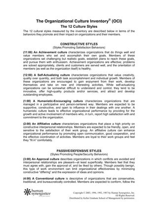The Organizational Culture Inventory® (OCI)
                             The 12 Culture Styles
The 12 cultural styles measured by the inventory are described below in terms of the
behaviors they promote and their impact on organizations and their members.


                             CONSTRUCTIVE STYLES
                       (Styles Promoting Satisfaction Behaviors)
(11:00) An Achievement culture characterizes organizations that do things well and
value members who set and accomplish their own goals. Members of these
organizations set challenging but realistic goals, establish plans to reach these goals,
and pursue them with enthusiasm. Achievement organizations are effective; problems
are solved appropriately, clients and customers are served well, and the orientation of
members (as well as the organization itself) is healthy.

(12:00) A Self-Actualizing culture characterizes organizations that value creativity,
quality over quantity, and both task accomplishment and individual growth. Members of
these organizations are encouraged to gain enjoyment from their work, develop
themselves and take on new and interesting activities. While self-actualizing
organizations can be somewhat difficult to understand and control, they tend to be
innovative, offer high-quality products and/or services, and attract and develop
outstanding employees.

(1:00) A Humanistic-Encouraging culture characterizes organizations that are
managed in a participative and person-centered way. Members are expected to be
supportive, constructive, and open to influence in their dealings with one another. A
humanistic culture leads to effective organizational performance by providing for the
growth and active involvement of members who, in turn, report high satisfaction with and
commitment to the organization.

(2:00) An Affiliative culture characterizes organizations that place a high priority on
constructive interpersonal relationships. Members are expected to be friendly, open, and
sensitive to the satisfaction of their work group. An affiliative culture can enhance
organizational performance by promoting open communication, good cooperation, and
the effective coordination of activities. Members are loyal to their work groups and feel
they “fit in” comfortably.


                          PASSIVE/DEFENSIVE STYLES
                     (Styles Promoting People/Security Behaviors)
(3:00) An Approval culture describes organizations in which conflicts are avoided and
interpersonal relationships are pleasant—at least superficially. Members feel that they
must agree with, gain the approval of, and be liked by others. Though possibly benign,
this type of work environment can limit organizational effectiveness by minimizing
constructive “differing” and the expression of ideas and opinions.

(4:00) A Conventional culture is descriptive of organizations that are conservative,
traditional, and bureaucratically controlled. Members are expected to conform, follow the


                                        Copyright © 2003, 1996, 1992, 1987 by Human Synergistics, Inc.
                                                                                  All Rights Reserved.
                                    Distributed by Keller Graduate School of Management by permission.
 