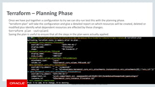 Copyright © 2016, Oracle and/or its affiliates. All rights reserved. |
Terraform – Planning Phase
Once we have put together a configuration to try we can dry-run test this with the planning phase.
"terraform plan" will take the configuration and give a detailed report on which resources will be created, deleted or
modified plus identify what dependent resources are effected by these changes.
terraform plan -out=plan1
Saving the plan is useful to ensure that all the steps in the plan were actually applied.
 