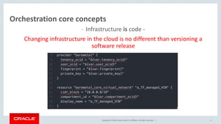 Copyright © 2016, Oracle and/or its affiliates. All rights reserved. | 4
Orchestration core concepts
- Infrastructure is code -
Changing infrastructure in the cloud is no different than versioning a
software release
 