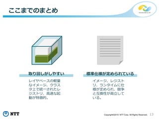 13Copyright©2019 NTT Corp. All Rights Reserved.
ここまでのまとめ
レイヤベースの軽量
なイメージ、クラス
タ上で統一されたレ
ジストリ、高速な起
動が特徴的。
イメージ、レジスト
リ、ランタイムに仕
様が定められ、競争
と互換性が両立して
いる。
取り回しがしやすい 標準仕様が定められている
 
