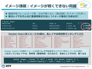 16Copyright©2019 NTT Corp. All Rights Reserved.
イメージ課題：イメージが軽くできない問題
 機械学習フレームワーク等、もはや軽くない（数GB級）のイメージも多い。
 実はレイヤもそんなに重複排除されない（イメージ集合にも依るが）
docker images --format “{{.ID}}” | xargs -I{} docker inspect {} ＼
| jq -r ".[].RootFS.Layers[]" | sort | uniq -c | sort -nr
Docker Hub人気イメージ50個の、各レイヤ出現回数ランキングを調査
 couchbase:6.0.2
 busybox:1.31.0
 postgres:12
 alpine:3.10
 nginx:1.17
 traefik:2.0
 redis:5.0.5
 mongo:3.4-xenial
 httpd:2.4.39
 golang:1.12.7-stretch
 node:8.16.0-jessie
 mysql:8.0.16
 openjdk:8u222
 memcached:1.5.16
 hello-world:latest
 registry:2
 python:3.8.0b2-buster
 haproxy:2.0.2
 debian:bullseye
 docker:19.03.0-rc3
 wordpress:5.2.2-php7.1-apache
 mariadb:10.4.6-bionic
 consul:1.6.0-beta1
 centos:7
 crate:4.0.2
 php:7.1-apache
 maven:3.6.1-jdk-11
 rabbitmq:3.8.0-beta.5
 nextcloud:14.0.13-apache
 elasticsearch:7.0.0
 ruby:2.7.0-preview1-buster
 influxdb:1.5
 adminer:4.7.2
 logstash:7.0.0
 tomcat:9.0.22-jdk11-openjdk
 sonarqube:7.9.1-community
 jenkins:2.60.3
 kibana:7.0.0
 telegraf:1.9
 swarm:1.2.9
 gradle:5.5.1-jdk8
 ghost:2.25.8
 solr:8.1.1
 kong:1.2.1-alpine
 amazonlinux:2
 rethinkdb:2.3.6
 drupal:8.7.4-apache
 vault:1.1.3
 flink:1.7.2-hadoop24-scala_2.11
 ubuntu:18.04
Docker Hubの人気無料イメージ50個でレイヤかぶりがどれだけ発生しているか測定
※かぶっているレイヤは、再利用（重複排除）されるので、全体としてその分、軽くなる
$ docker images
REPOSITORY TAG IMAGE ID CREATED SIZE
nvidia/cuda latest 010a71dc59db 2 weeks ago 2.81GB
pytorch/pytorch latest e19f3b87dbf3 5 months ago 3.41GB
！！
 